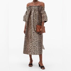 GANNI Leopard Animal Jacquard Dress Crispy Midi Tank Off Shoulder Sz Small / Med